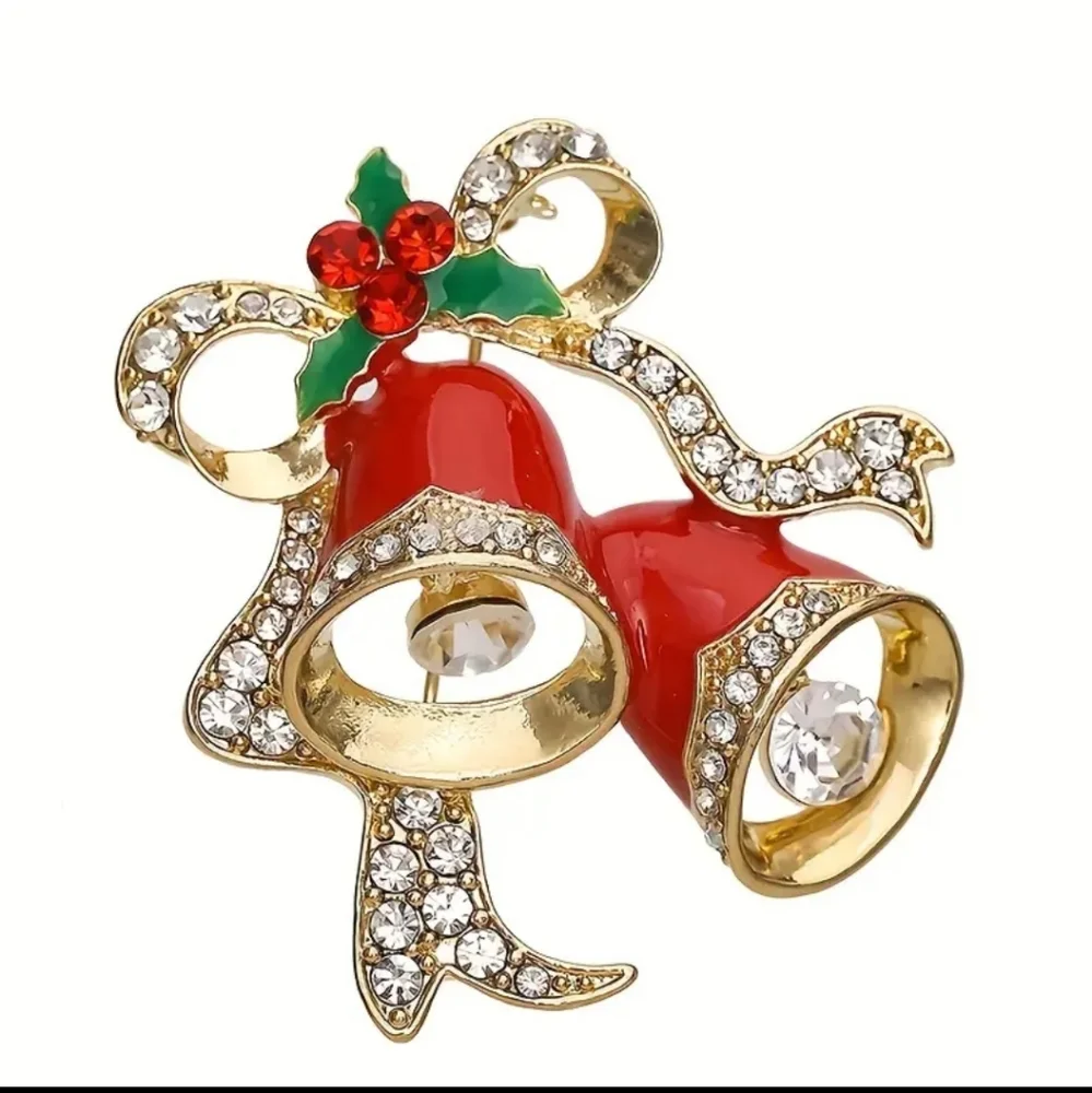 Christmas Bell Brooch Festive Pin With Rhinestones